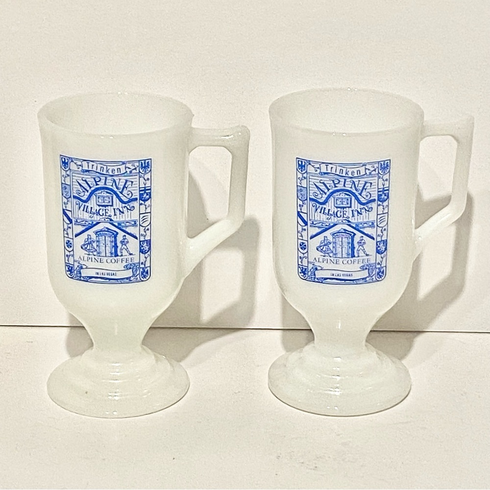Set of 2 Alpine Coffee Milk Glass Cappuccino Coffee Pedestal Mugs White & Blue